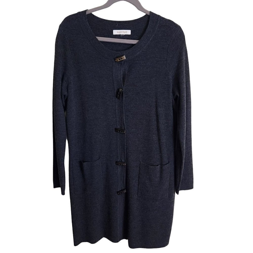 Ellen Tracy Merino Wool Blend Charcoal Gray Long Line Cardigan Sweater Size XL